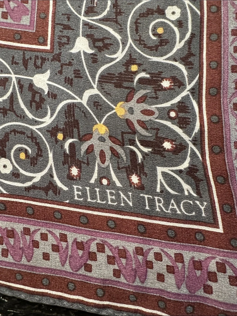 ELLEN TRACY Floral Medallion Square 100% Silk Scarf in Mauve and gray